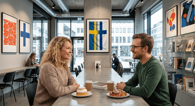 Ett par på ett café pratar finlandssvenska