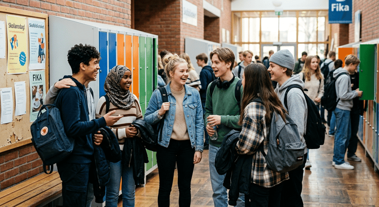ungdomar pratar i en skolkorridor